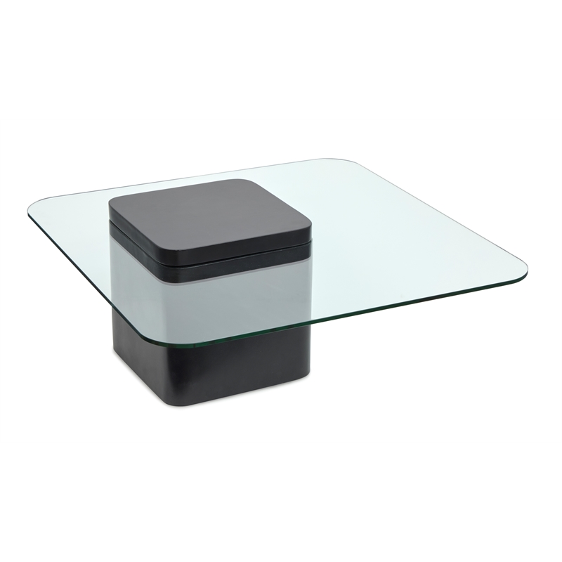 Bowery Hill Glass Top Square Cocktail Table With Concrete Base in Obsidian