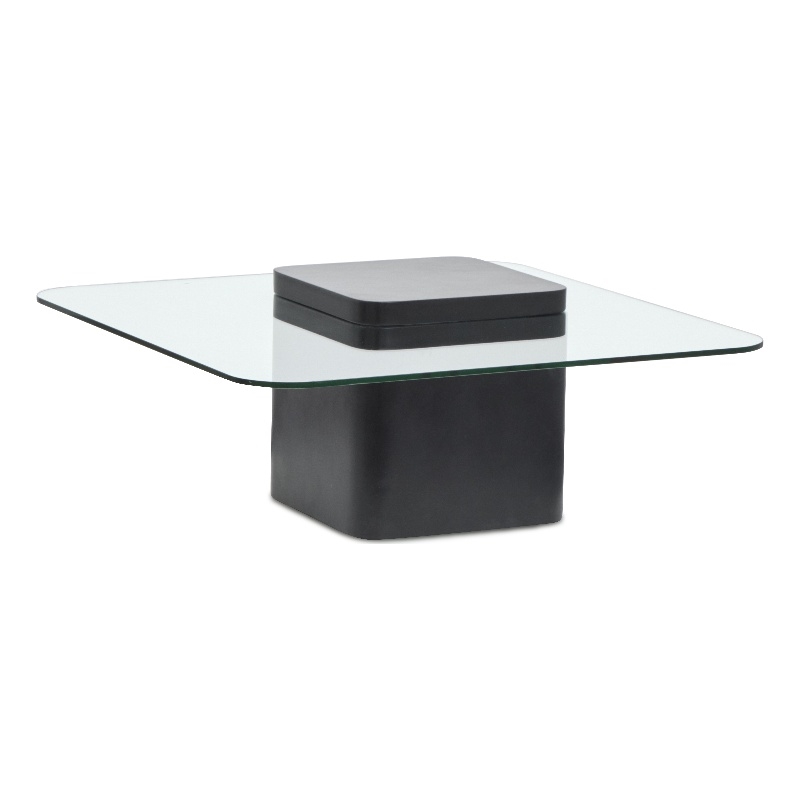Bowery Hill Glass Top Square Cocktail Table With Concrete Base in Obsidian