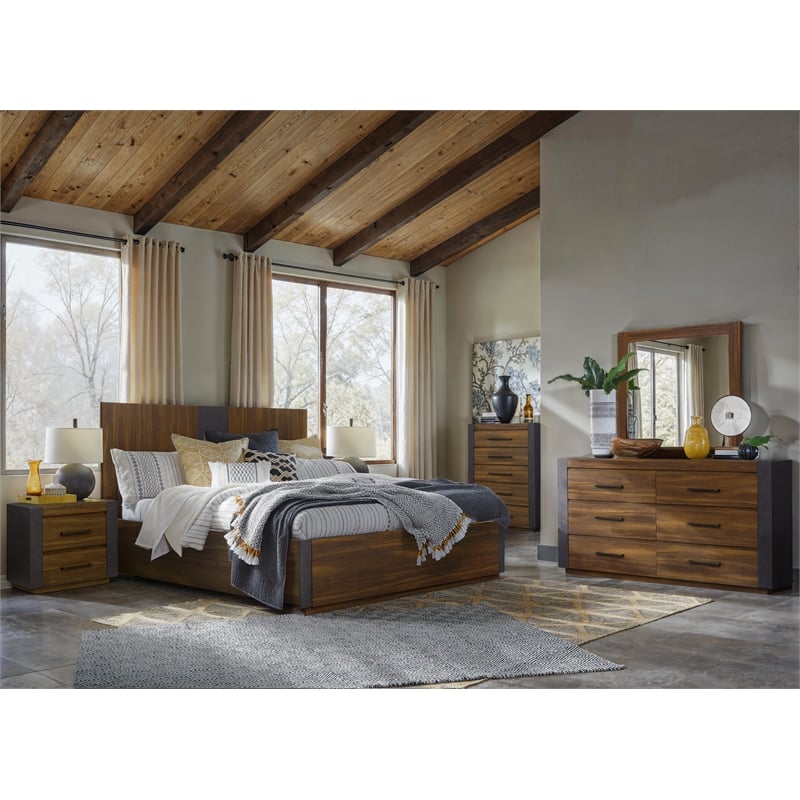 Bowery Hill Industrial King Panel Bed in Tavern Brown Finish