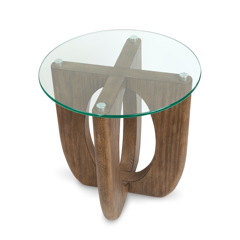 Bowery Hill Contemporary Glass Top Round End Table in Almond