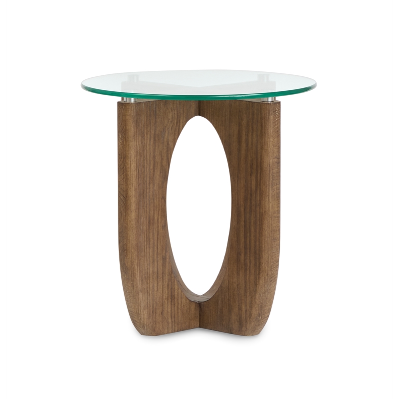Bowery Hill Contemporary Glass Top Round End Table in Almond