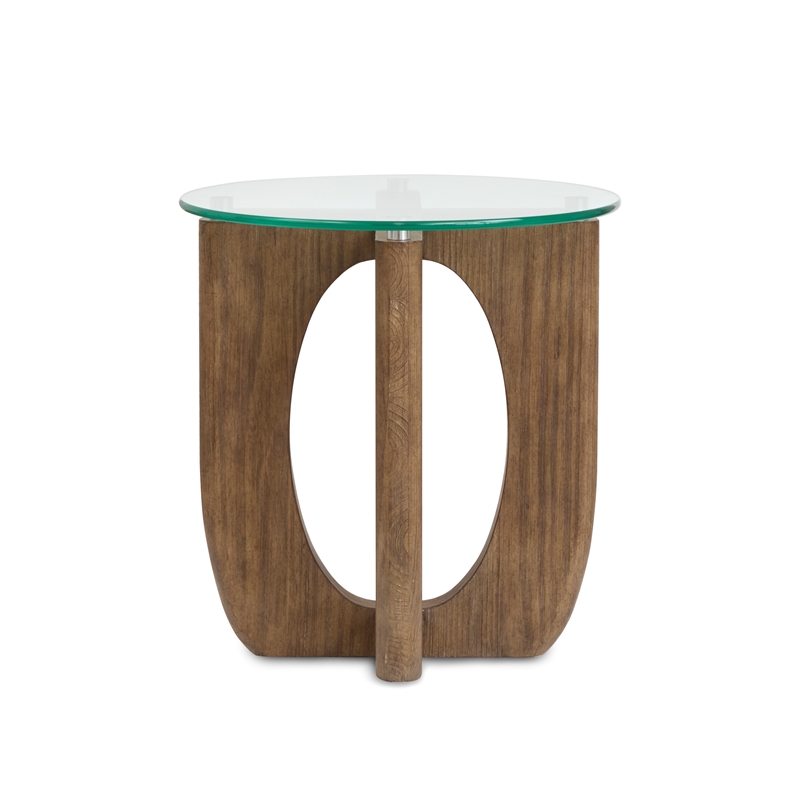Bowery Hill Contemporary Glass Top Round End Table in Almond