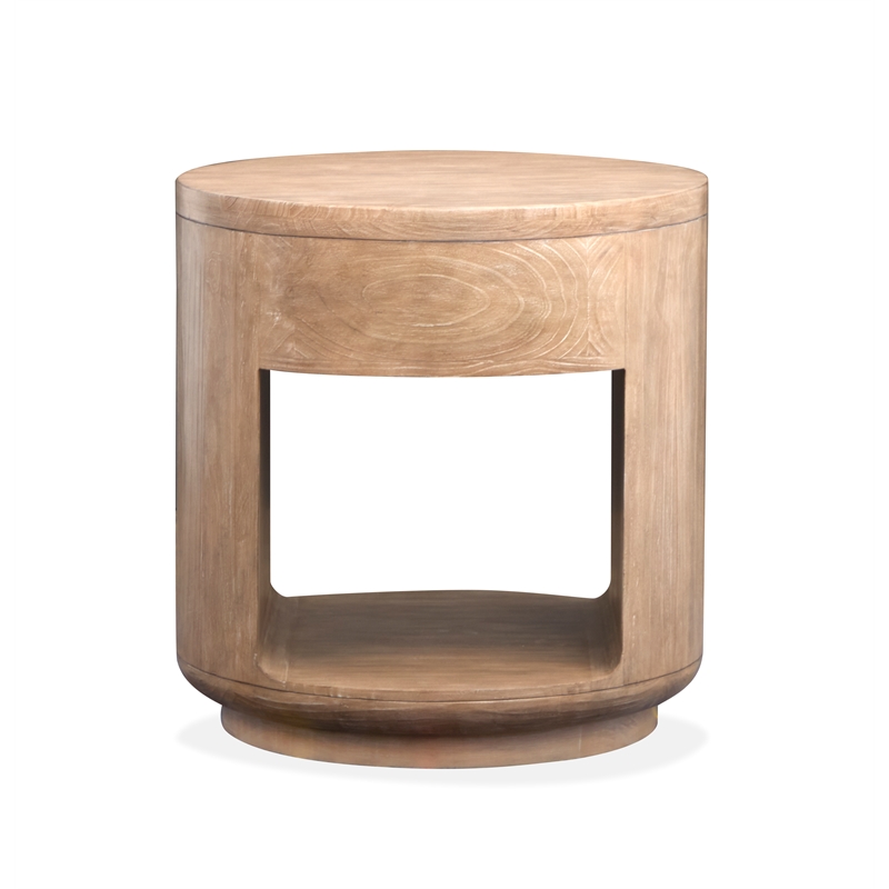 Bowery Hill Rustic Round End Table With Drawer and Shelf in Chateau Brown