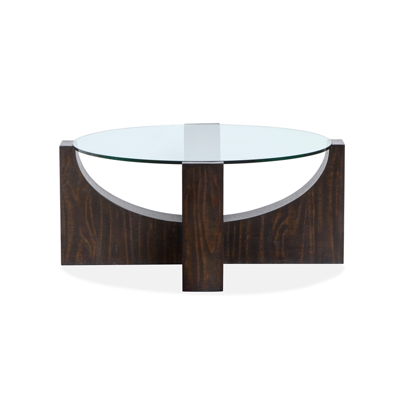 Bowery Hill Glass Insert Round Cocktail Table With Casters in Rustic Tavern