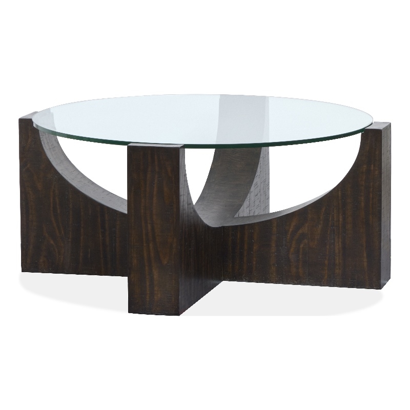 Bowery Hill Glass Insert Round Cocktail Table With Casters in Rustic Tavern