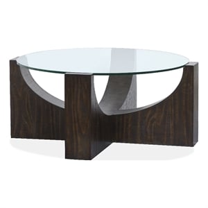 Bowery Hill Glass Insert Round Cocktail Table With Casters in Rustic Tavern