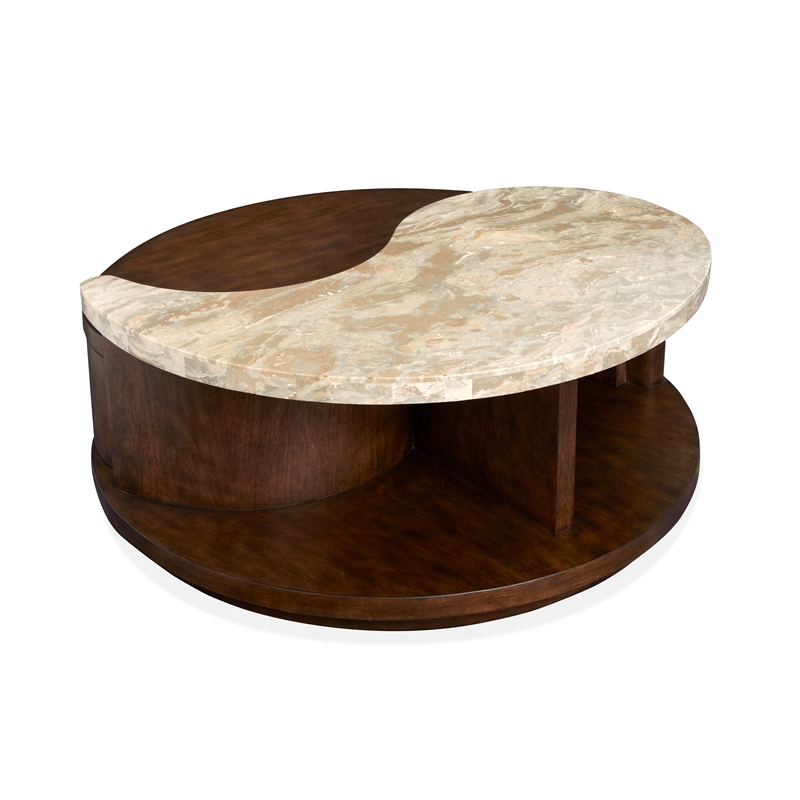 Bowery Hill Modern Stone Top Round Cocktail Table With Casters in Burnt Umber