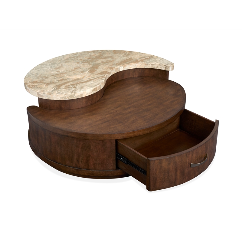 Bowery Hill Modern Stone Top Round Cocktail Table With Casters in Burnt Umber