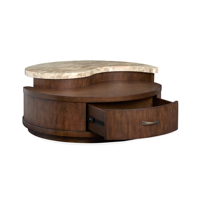 Bowery Hill Modern Stone Top Round Cocktail Table With Casters in Burnt Umber