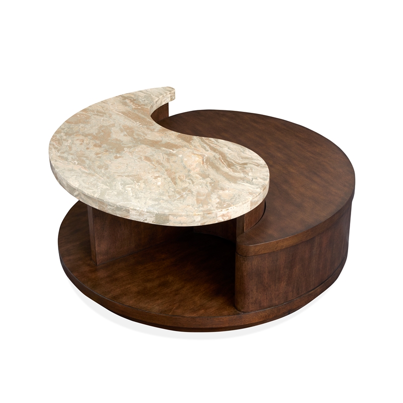 Bowery Hill Modern Stone Top Round Cocktail Table With Casters in Burnt Umber