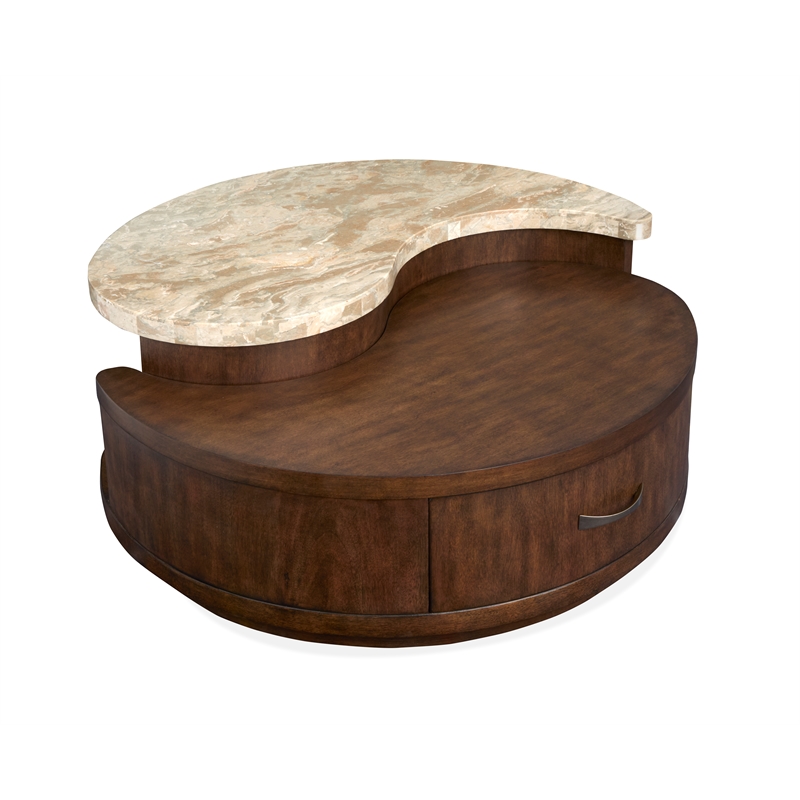 Bowery Hill Modern Stone Top Round Cocktail Table With Casters in Burnt Umber