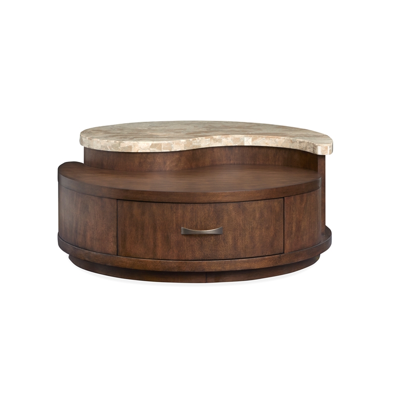 Bowery Hill Modern Stone Top Round Cocktail Table With Casters in Burnt Umber