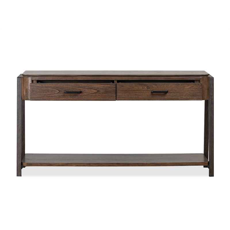 Bowery Hill Rectangular Sofa Table With Shelf in Milk Chocolate & Dark Chocolate