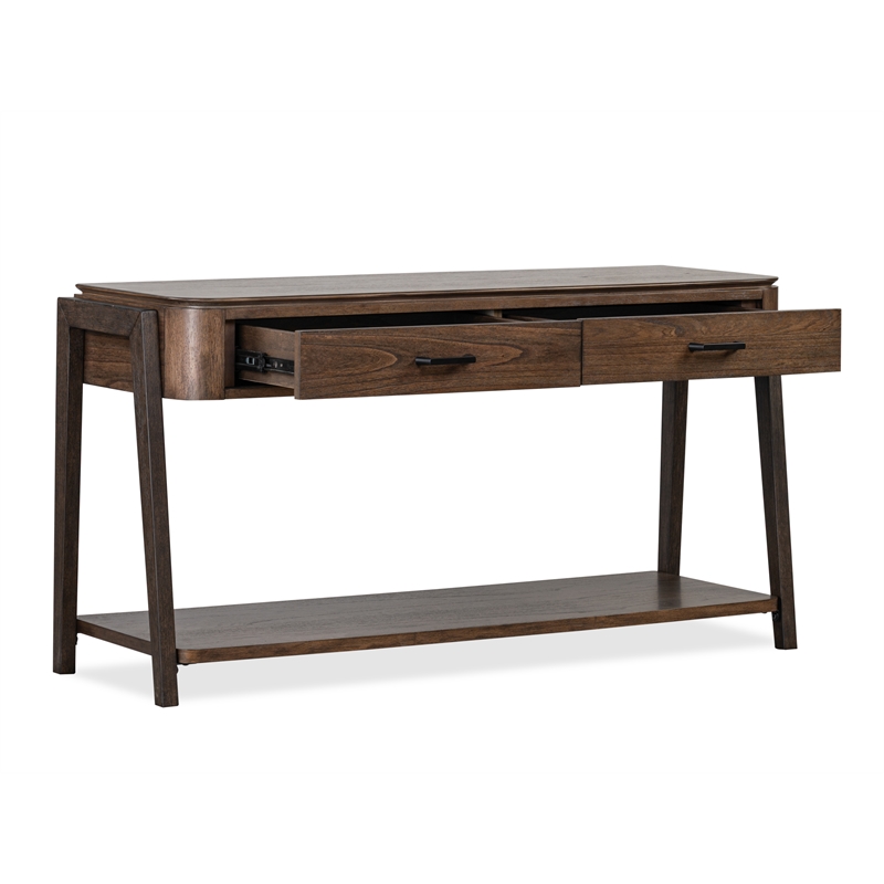 Bowery Hill Rectangular Sofa Table With Shelf in Milk Chocolate & Dark Chocolate