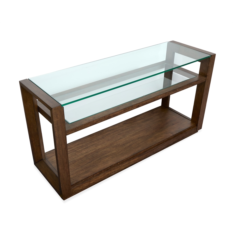 Bowery Hill Modern Glass Top Rectangular Sofa Table With Shelves in Cinnamon
