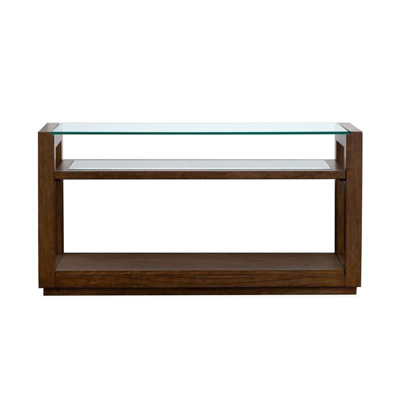 Bowery Hill Modern Glass Top Rectangular Sofa Table With Shelves in Cinnamon