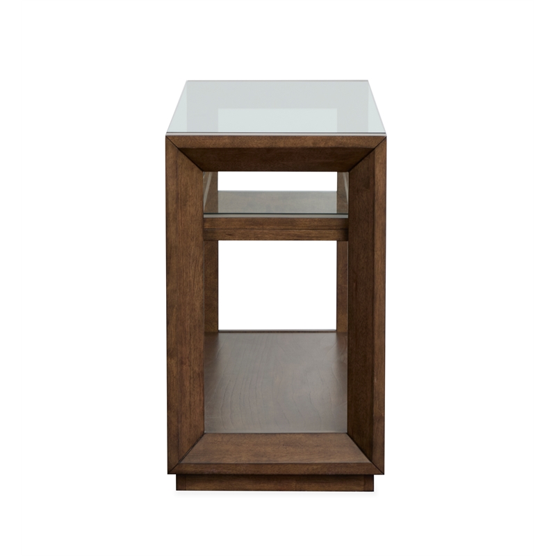 Bowery Hill Modern Glass Top Rectangular Sofa Table With Shelves in Cinnamon