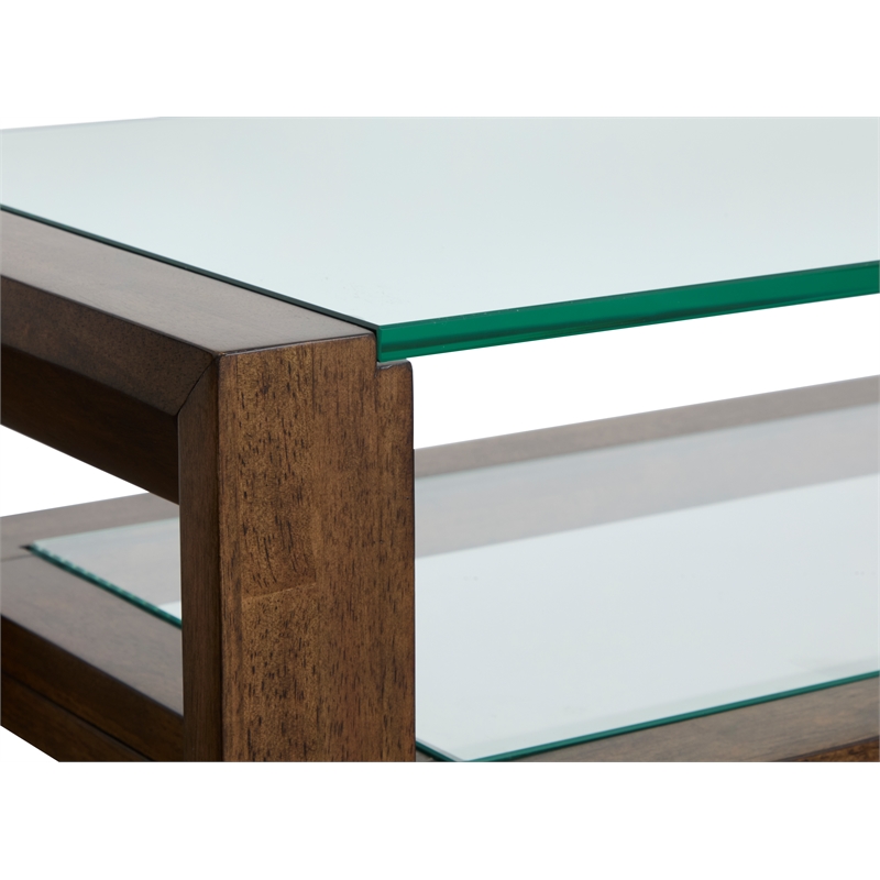 Bowery Hill Modern Glass Top Rectangular Sofa Table With Shelves in Cinnamon
