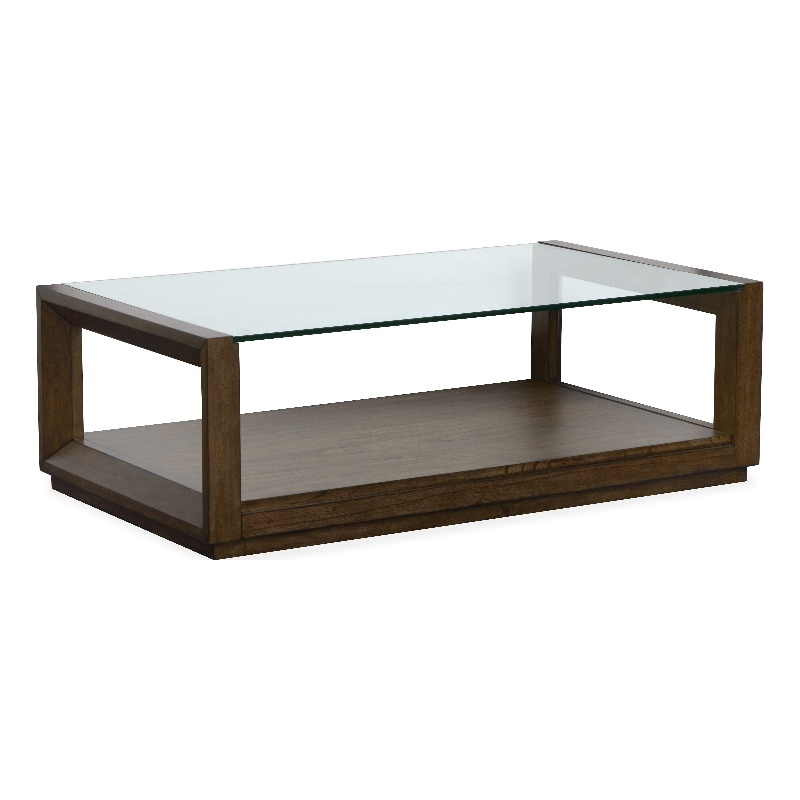 Bowery Hill Modern Glass Top Rectangular Cocktail Table With Casters in Cinnamon
