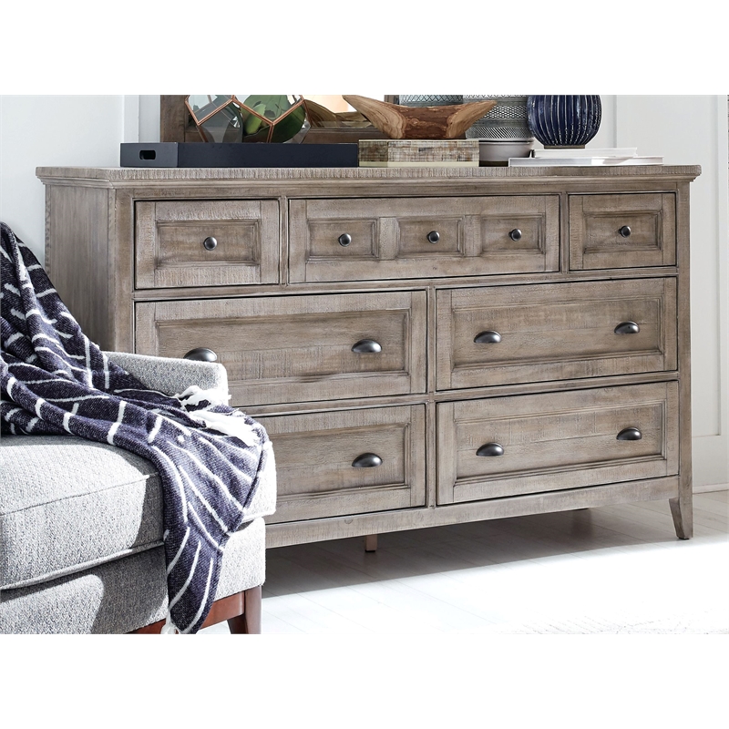 Bowery Hill Casual 7-Drawer Dresser With Landscape Mirror in Dovetail Grey