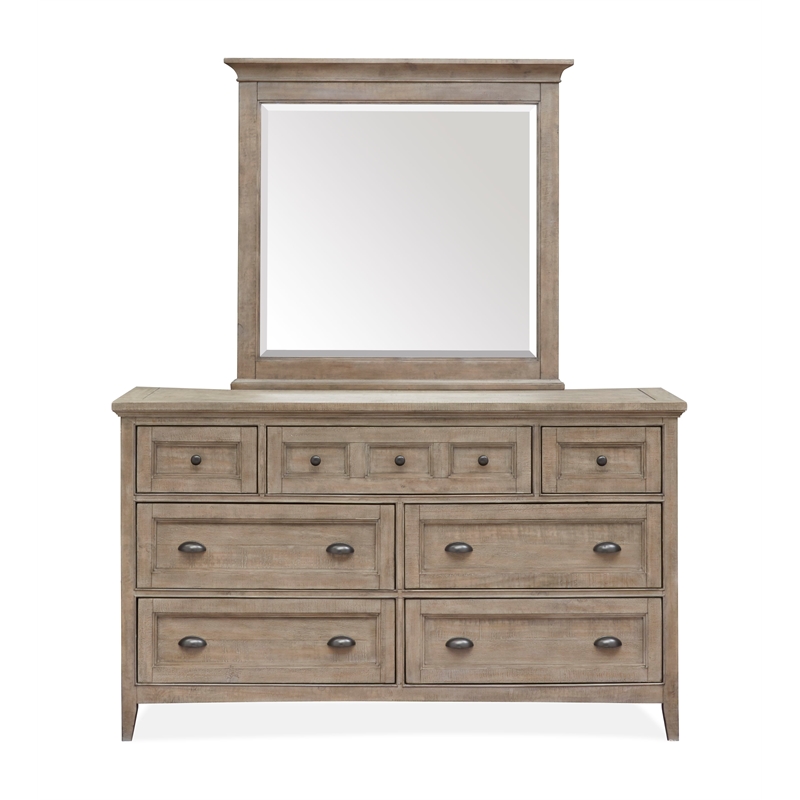 Bowery Hill Casual 7-Drawer Dresser With Landscape Mirror in Dovetail Grey