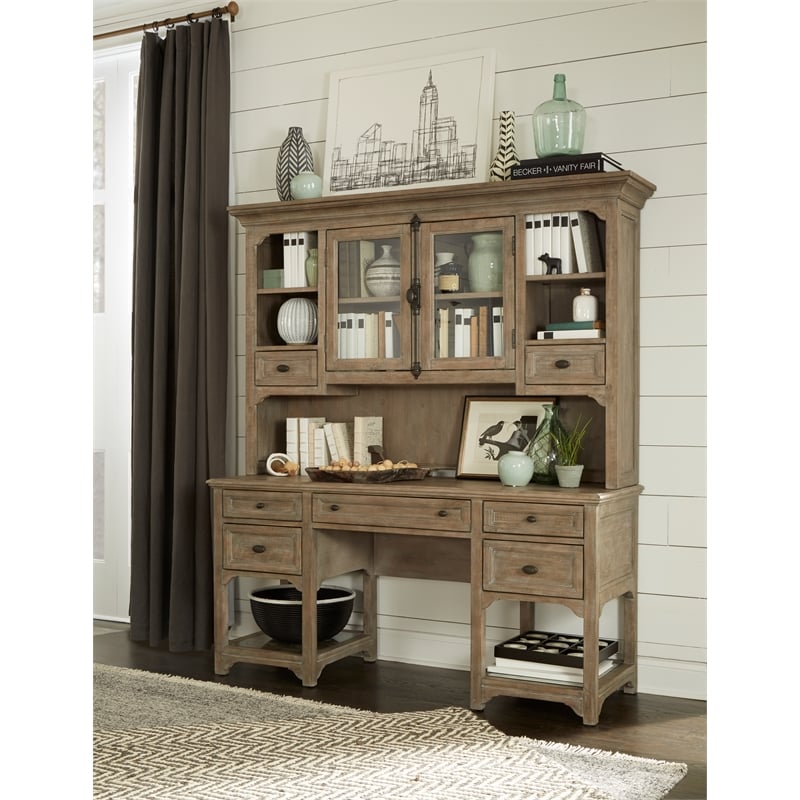 Bowery Hill Pine Wood Desk with Planked Top in Dovetail Gray