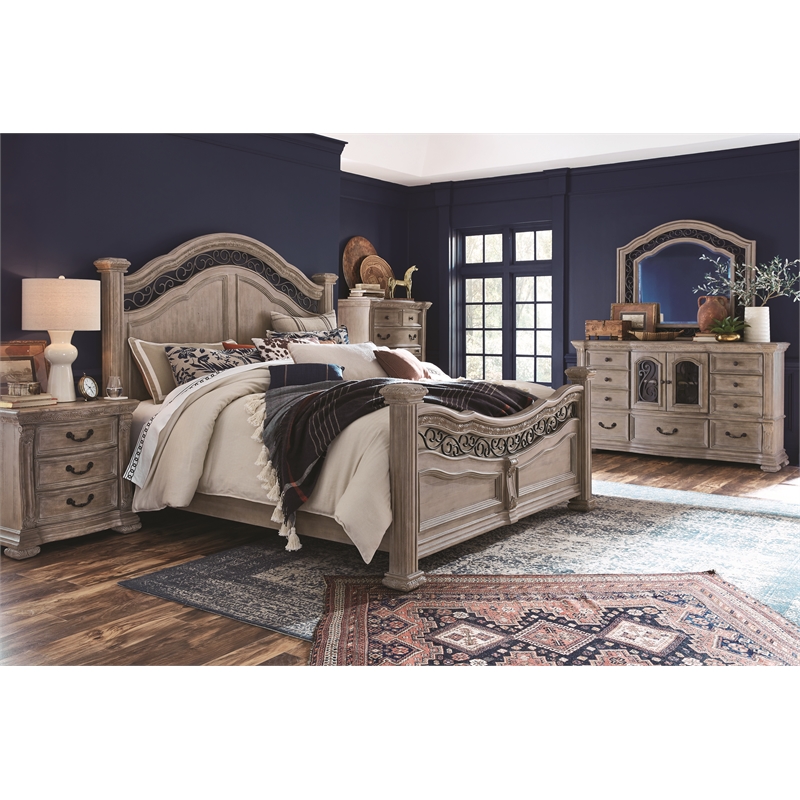 Bowery Hill Contemporary Queen Panel Bed in Fawn With Metal Decoration