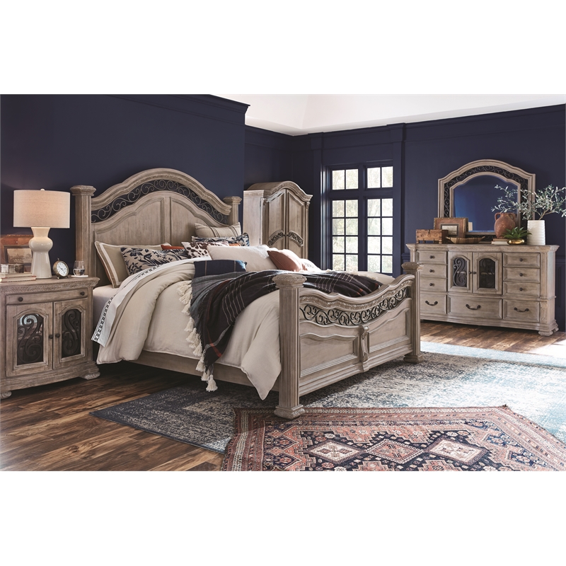 Bowery Hill Contemporary Queen Panel Bed in Fawn With Metal Decoration