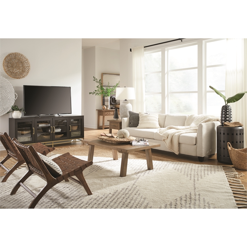 Bowery Hill Coffee Bean Large Console With Glass Doors and Metal Base