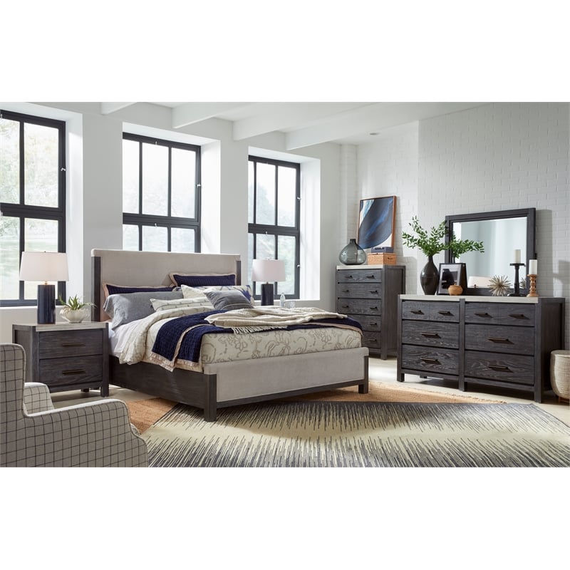 Bowery Hill Contemporary Queen Upholstered Panel Bed in Ravenwood Black