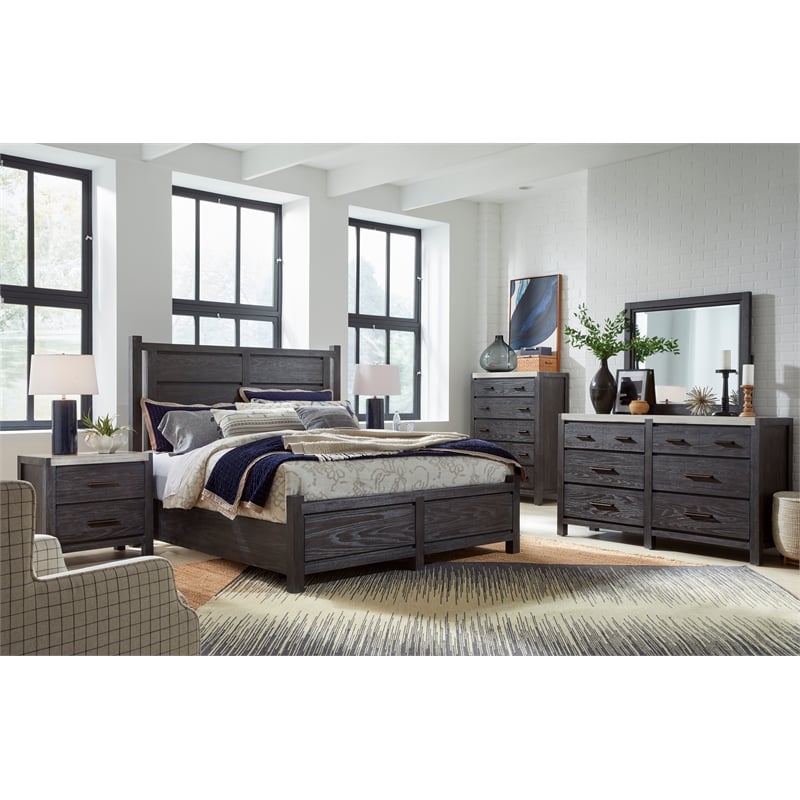 Bowery Hill Queen Panel Bed in Ravenwood Black With Bronze Hardware