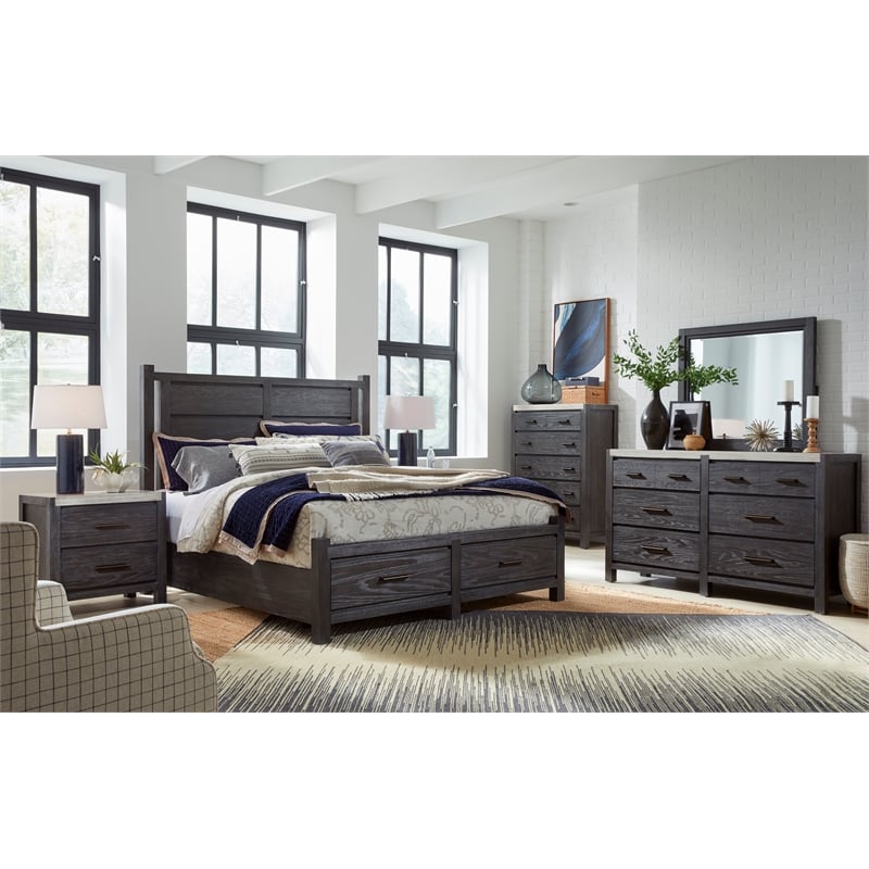 Bowery Hill Queen Panel Storage Bed in Ravenwood Black With 2 Drawers