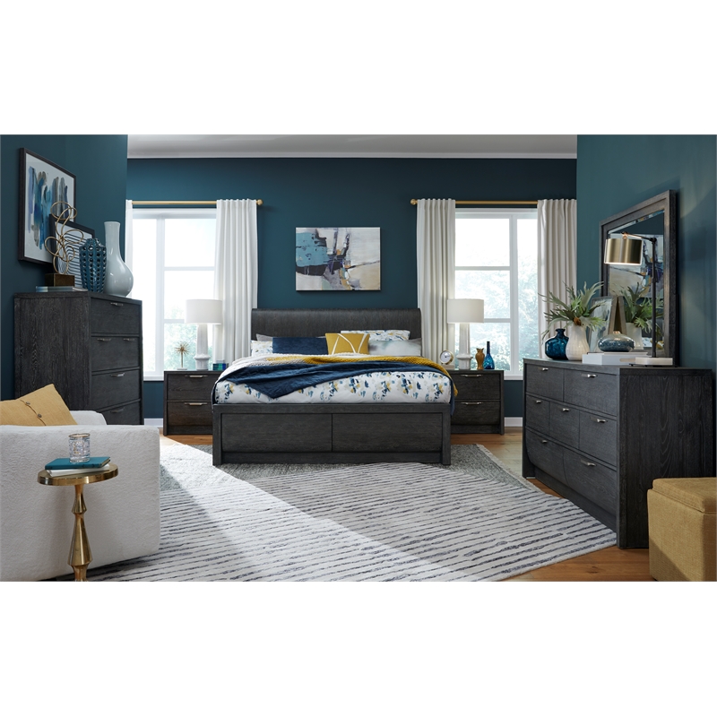 Bowery Hill King Panel Bed in Black Heron With Flakey Oak Veneer
