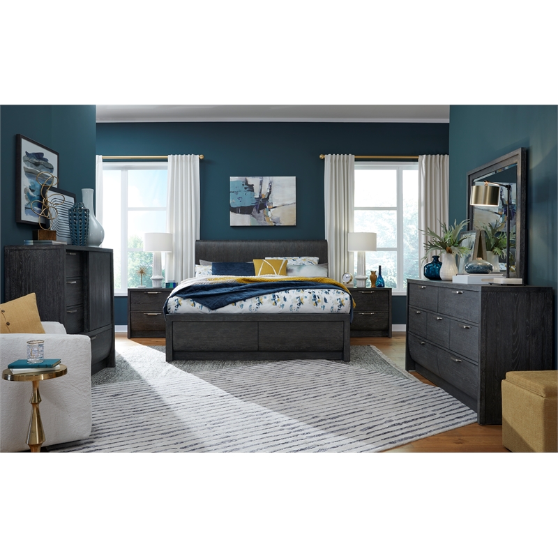Bowery Hill King Panel Bed in Black Heron With Flakey Oak Veneer