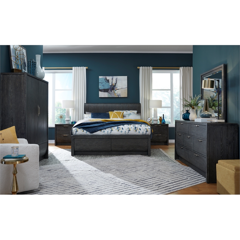 Bowery Hill King Panel Bed in Black Heron With Flakey Oak Veneer