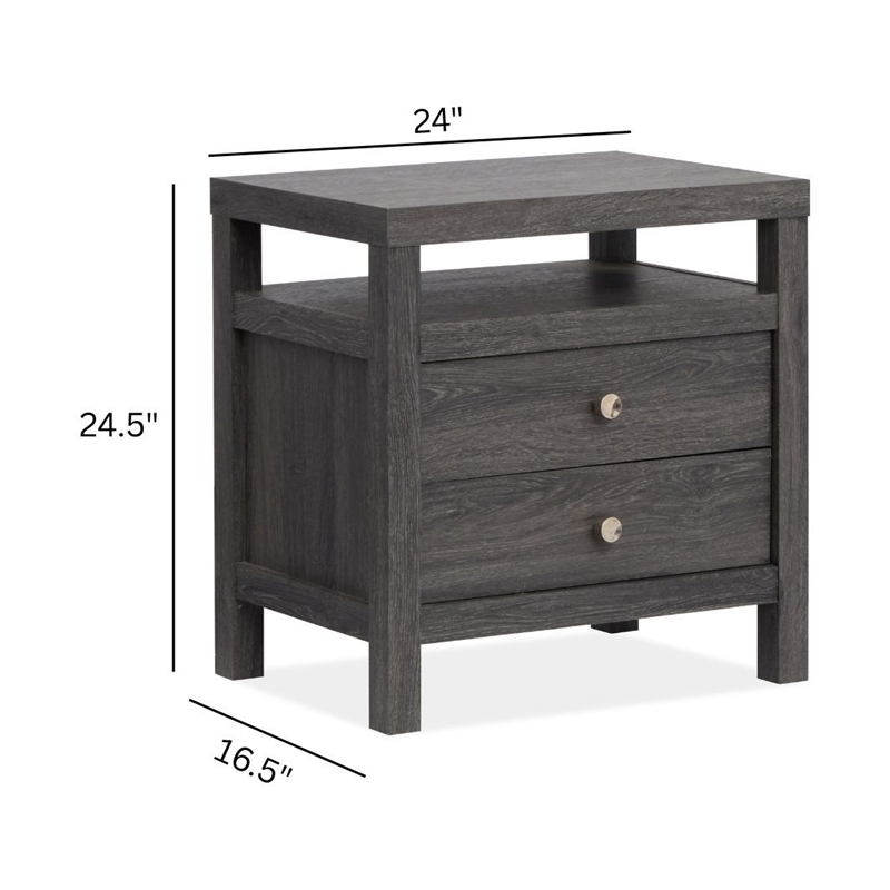 Bowery Hill 2-Drawer Nightstand in Raisin Black With Polished Silver