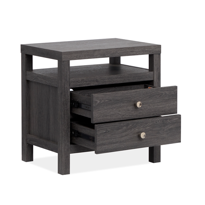 Bowery Hill 2-Drawer Nightstand in Raisin Black With Polished Silver