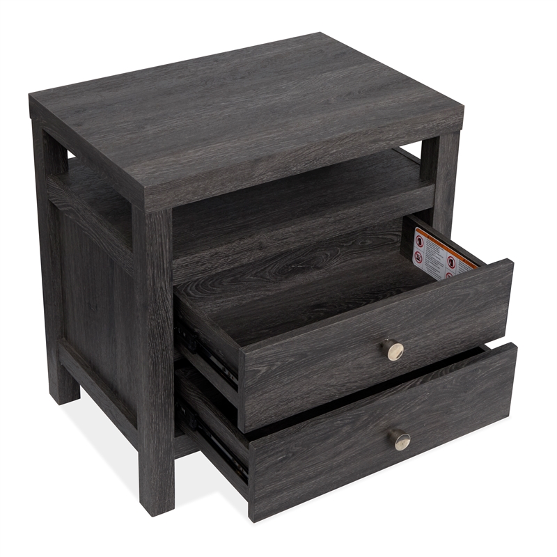 Bowery Hill 2-Drawer Nightstand in Raisin Black With Polished Silver