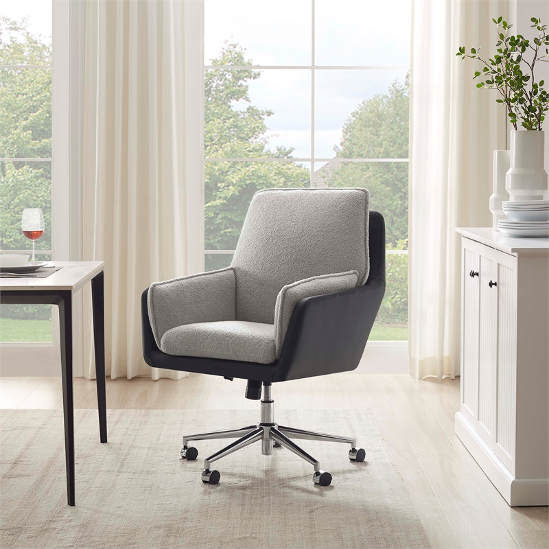 Bowery Hill Set of 2 Office Chairs in Gray and Black Faux Leather and Sherpa