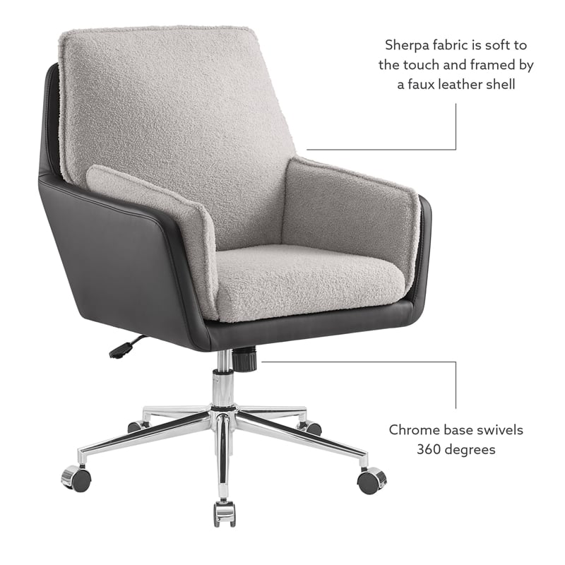 Bowery Hill Set of 2 Office Chairs in Gray and Black Faux Leather and Sherpa