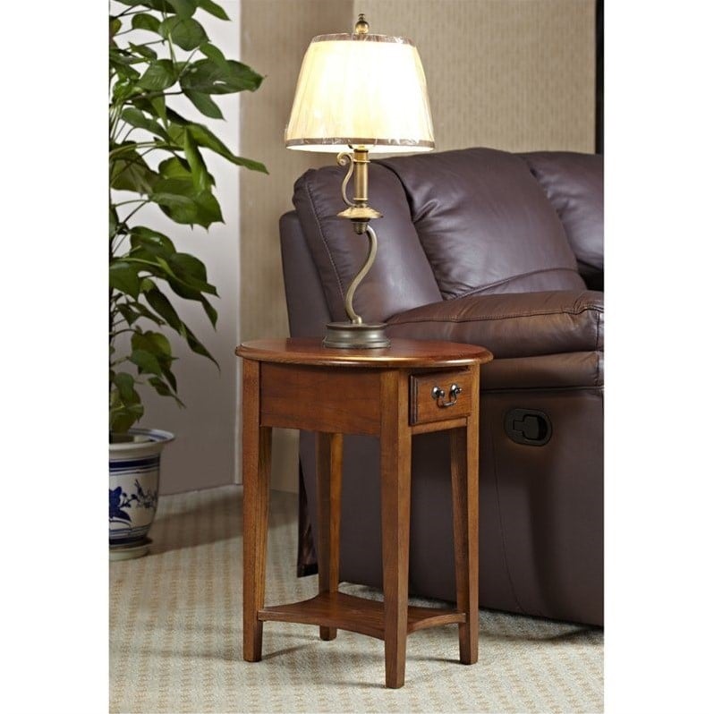 Bowery Hill Contemporary Wood Oval End Table with Drawer in Medium Oak
