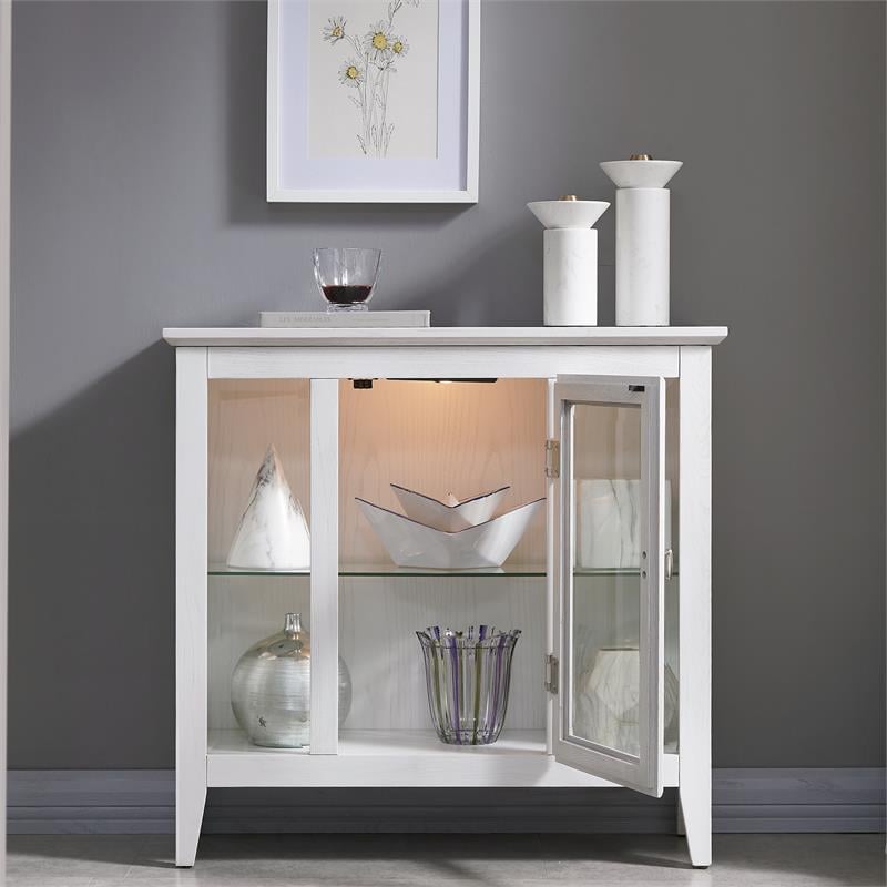 Bowery Hill Entryway Wood Curio Cabinet with Glass Door in Weathered White