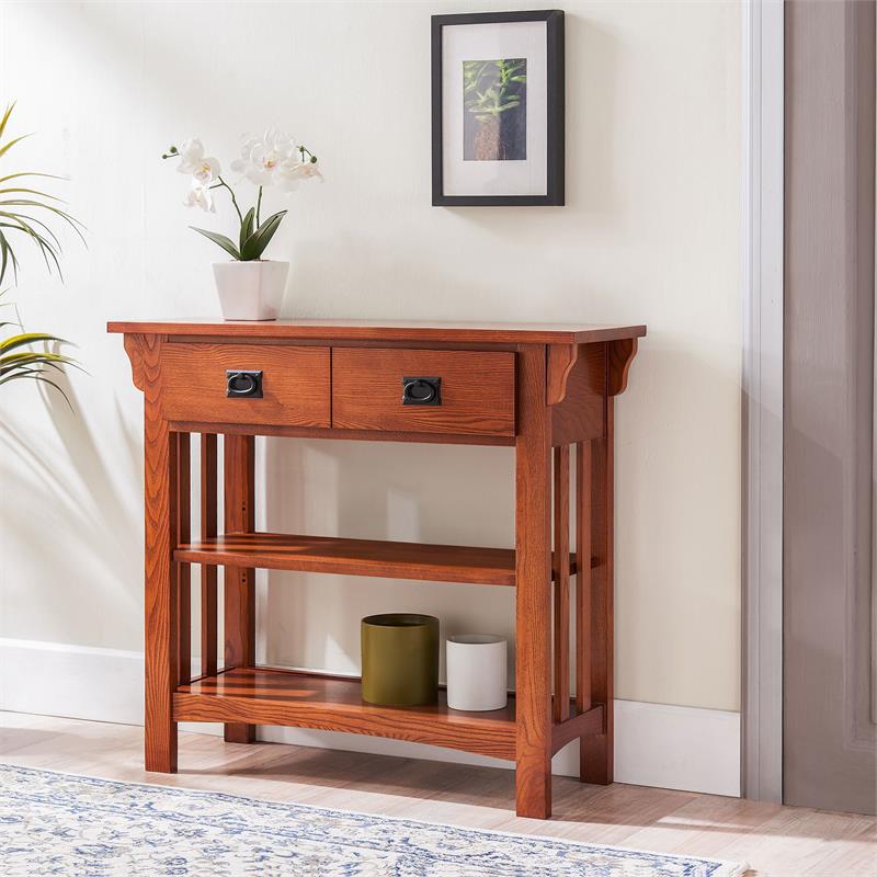 Bowery Hill Solid Wood Mission Bookcase with Drawers in Medium Oak