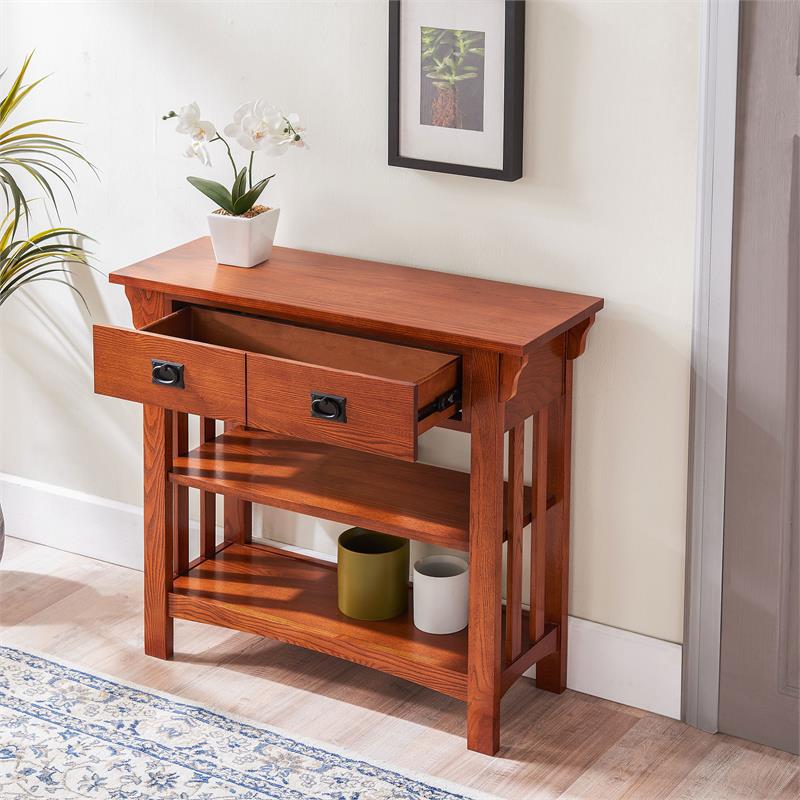 Bowery Hill Solid Wood Mission Bookcase with Drawers in Medium Oak