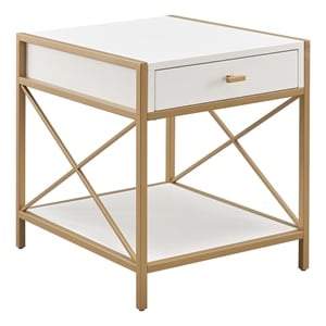 Bowery Hill Metal and Wood Drawer End Table with Gallery Rail in White/Gold