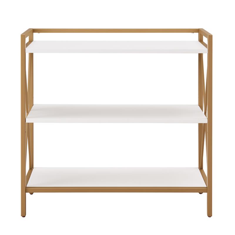Bowery Hill Mixed Metal and Wood Bookshelf with Gallery Rail in White/Gold