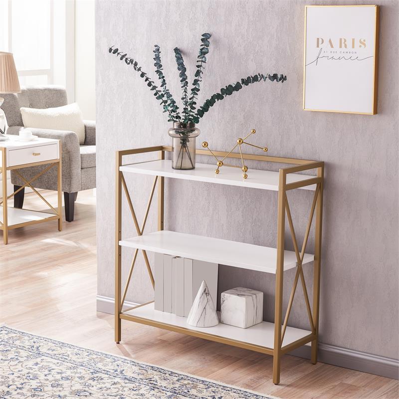 Bowery Hill Mixed Metal and Wood Bookshelf with Gallery Rail in White/Gold