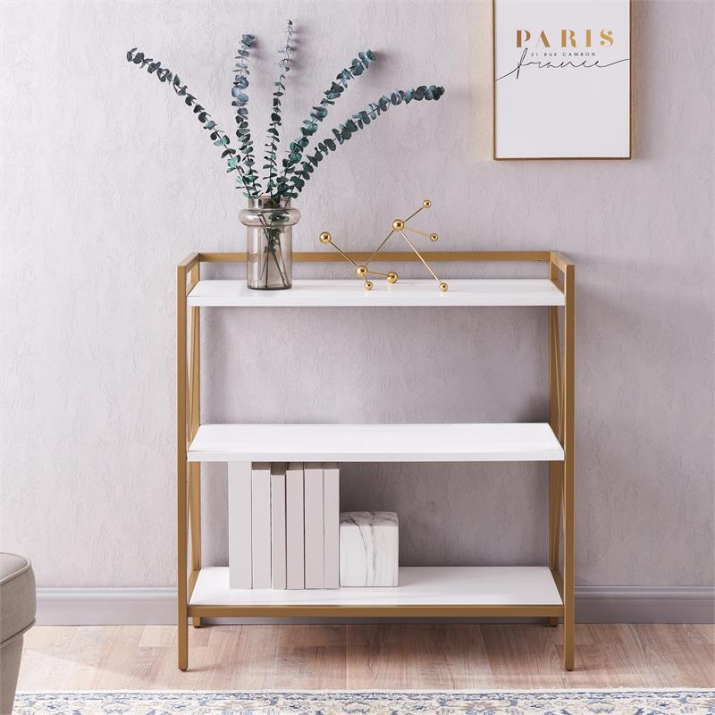 Bowery Hill Mixed Metal and Wood Bookshelf with Gallery Rail in White/Gold