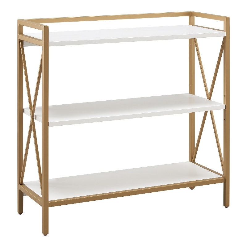 Bowery Hill Mixed Metal and Wood Bookshelf with Gallery Rail in White/Gold