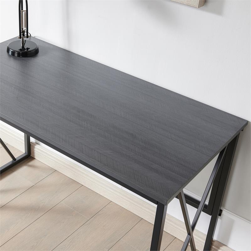 Bowery Hill Collapsible X Desk with Hinged Top in Gray Herringbone/Matte Black